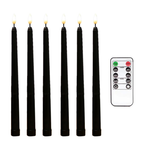 6 st Flamlösa svarta koniska ljus flimrande med 10-knappar fjärrtimer, batteridrivet LED-ljus black