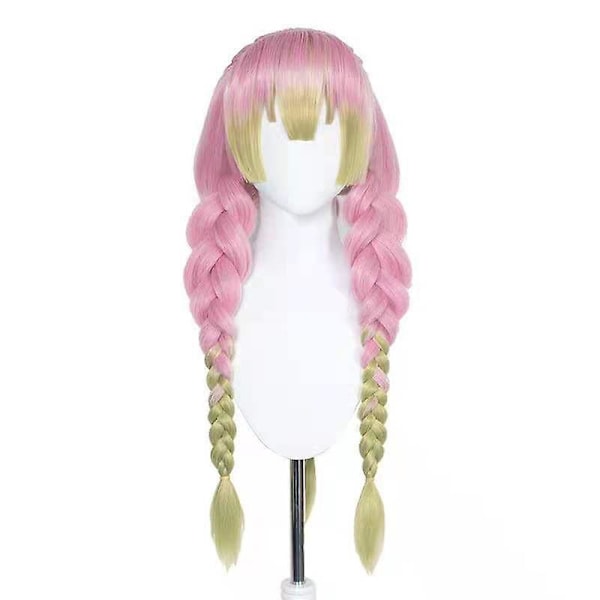 Anime rosa og grønn parykk for Mitsuri Cosplay flettet hår parykk med fletter Halloween fest parykk + cap,wz-2055 (FMY)