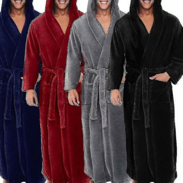 2023 Lång mjuk badrock med huva i fleece för män Svart XXXL