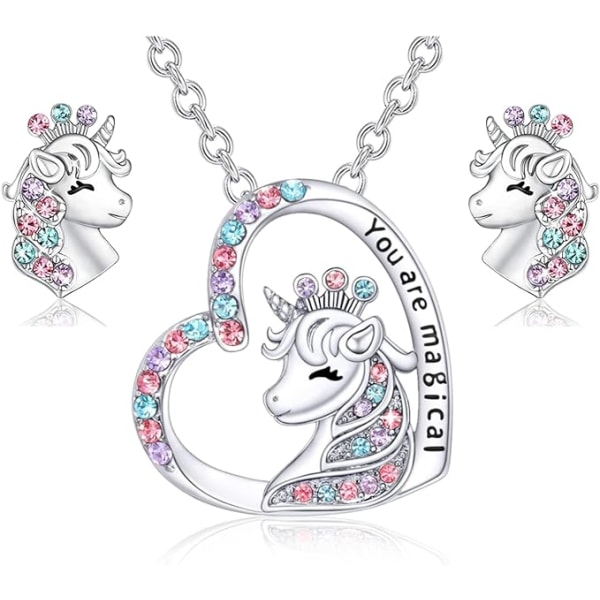 Unicorn set för tjejer, sött unicorn hjärta halsband