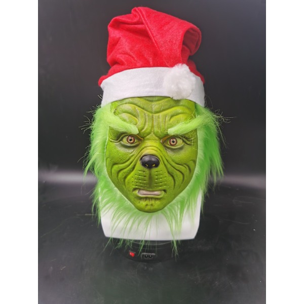 Grinch Ful Hoved Latex Maske med Paryk Julemandshue Monster Cosplay