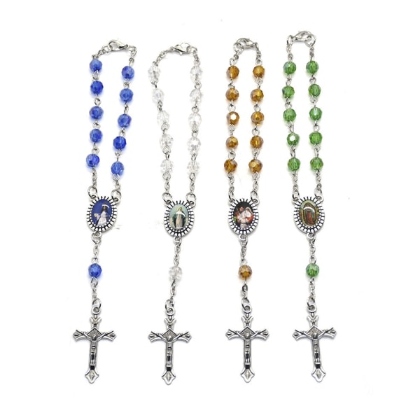 Christian Jesus krucifix för kors Rosenkrans pärlor Armband Charm Link Chain Armband för kvinnor Flickor Födelsedagspresent Blue