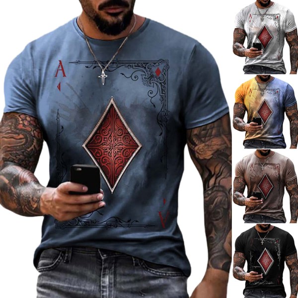 Kortärmad skjorta för män med spelkortstryck Gul & Blå 3XL
