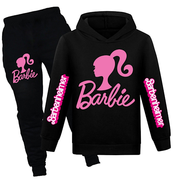 2-pak Barn Piger Barbie Hoodies Trøje Topper Bukser Outfit Sæt sort black 130cm