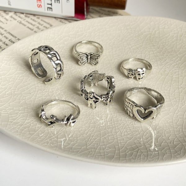 6 st Vintage Peach hjärta för fjärilsskalle för huvud Ledring Nepal Ring Retro Ledring Mode Stapelbar Ring Set