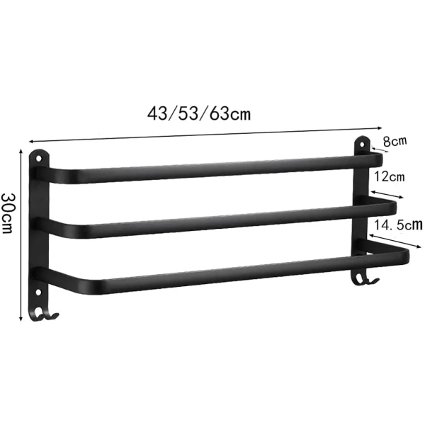 Handduksställ, handdukshållare, rostfritt stål, väggmonterad, 3 våningar, badrum/kökshandduksställ (svart, 50 cm)