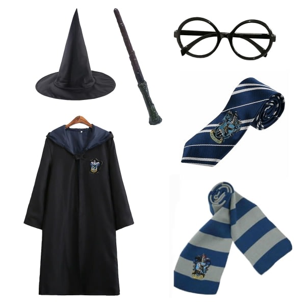 Harry Potter 6st Set Magic Wizard Cosplay Fancy Dress Cape Cloak Kostym Blå 145cm (9-10 år)