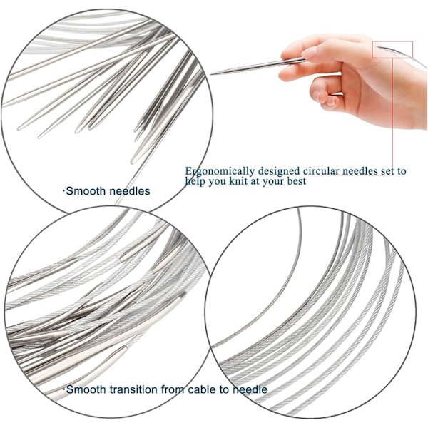 Begynder sæt, 65 cm runde nåle i metal med etui og måler, lette runde nåle
