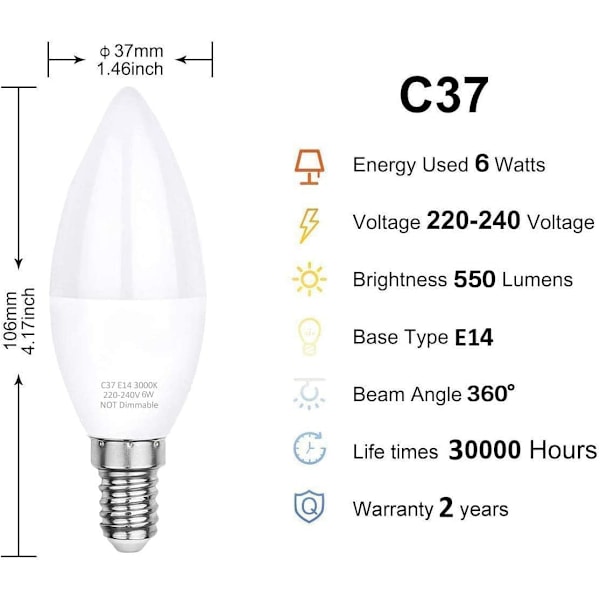 LED-lampe E14, varm hvit 3000K, C37 LED 6W (tilsvarer 60W halogenlamper), strålevinkel 360°, 6-pakning