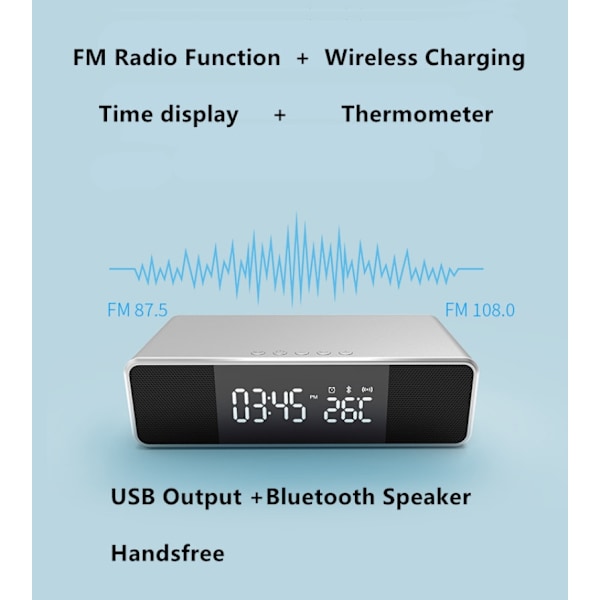 Bluetooth-høyttaler multifunksjonsvekkerklokke med radio-LED