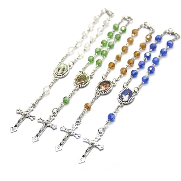 Christian Jesus krucifix för kors Rosenkrans pärlor Armband Charm Link Chain Armband för kvinnor Flickor Födelsedagspresent Blue