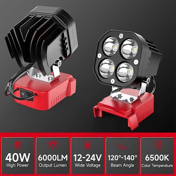 LED-arbeidslampe for 18V batteri, 40W 6000LM lommelykt, LED-belysning, 18V batteridrevet arbeidslampe