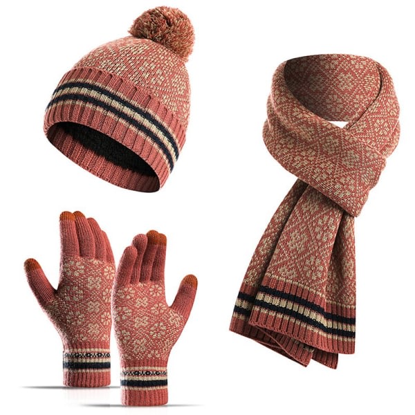 Kvinnor Scarf Handskar Hat Set Print Beanie Hat Winter Soft Warm Cap röd