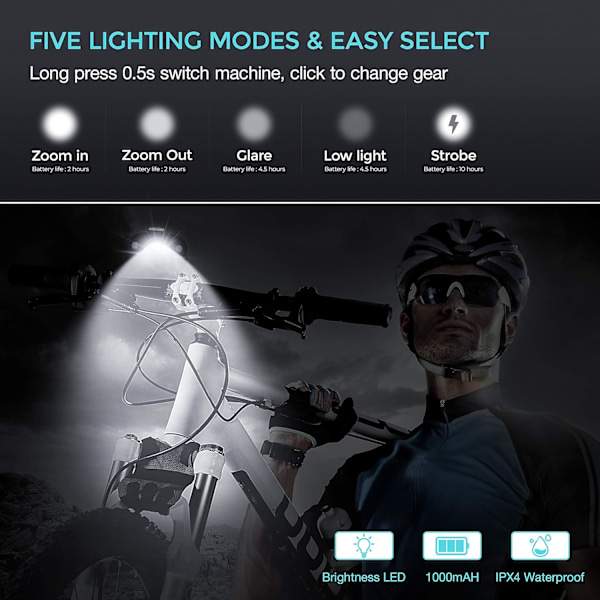 1000 Lumen USB-genopladelig cykellampe, 3 LED-cykelforlygter