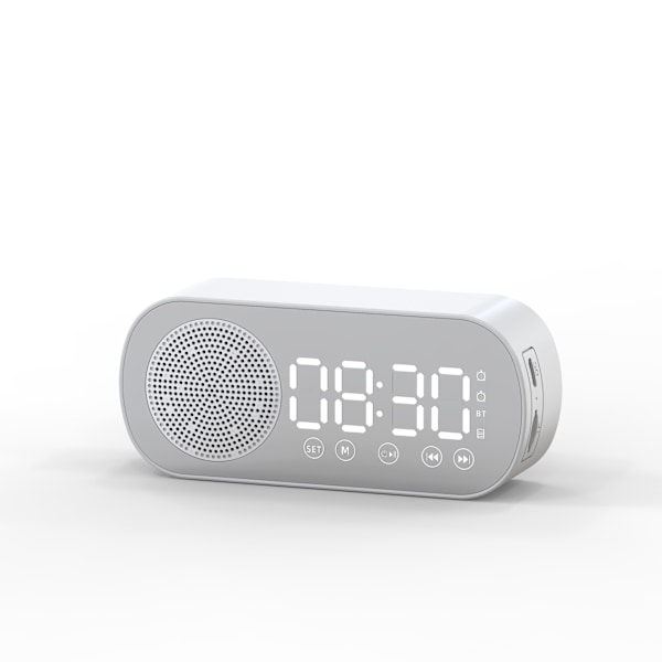 Multifunktionel Smart FM-radio Bluetooth-højttaler Vækkeur Spejlklokke (hvid)