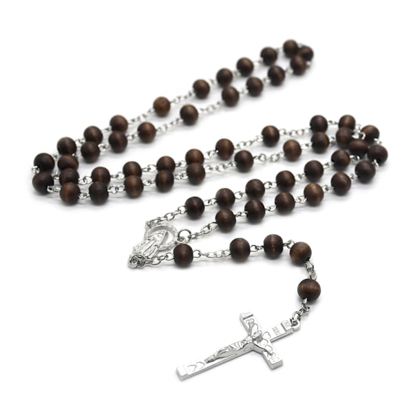 Långt trä för kors halsband hänge för män Kvinnor Unisex Religion Rosenkrans Pärlor Halsband Smycken Handvävd prydnad