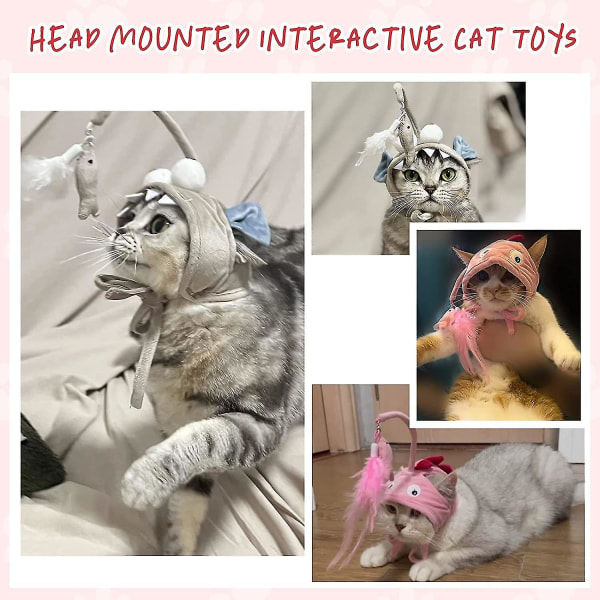 Hovedmonteret kattelegetøj Cat Teaser-legetøj med fjer Interaktive kattelegetøj Kattehovedbeklædning til indendørs udendørs Rosa