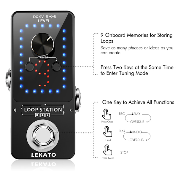 LEKATO Looper-effektpedal Gitar Tuner 40 minutter 9 bølger