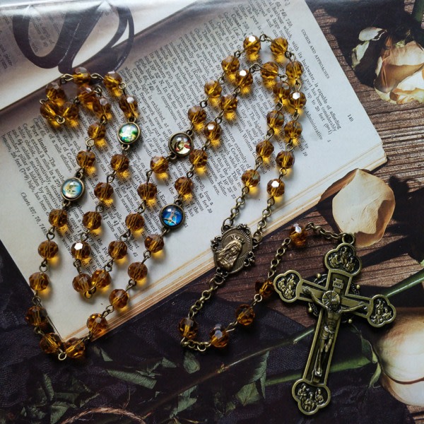 Vintage Rosenkrans katolska bön Crystal Bead Halsband Kristus Jesus för Cross Neck