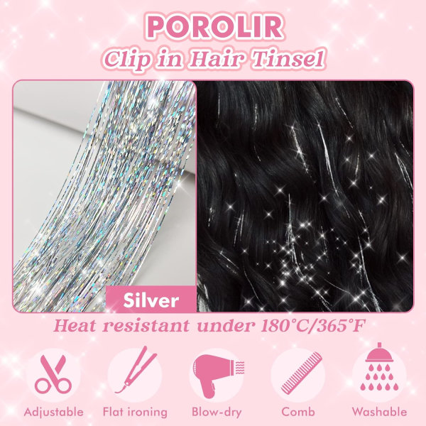 Clip in Hair Tinsel Kit, 6-pack Glitter Fairy Tinsel Hair Extensions 20 tum glänsande hårglitter Värmebeständigt (silver)