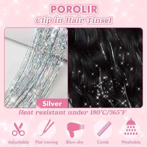 Klämma i hårglitterkit, paket med 6 st Glitter Fairy Tinsel Hair Extensions 20 tum glänsande hårglitter Värmebeständig (silver)