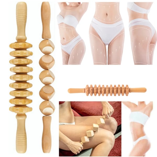 Set med 2 massagerulle gjord av trä Roller med handtag Gua Sha terapi massage rygg-ben-nack massager