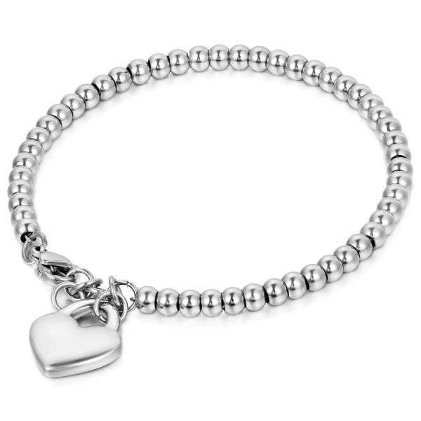 Kvinnors rostfritt stål Love Heart Charm Beaded Ball Chain Armband Armband