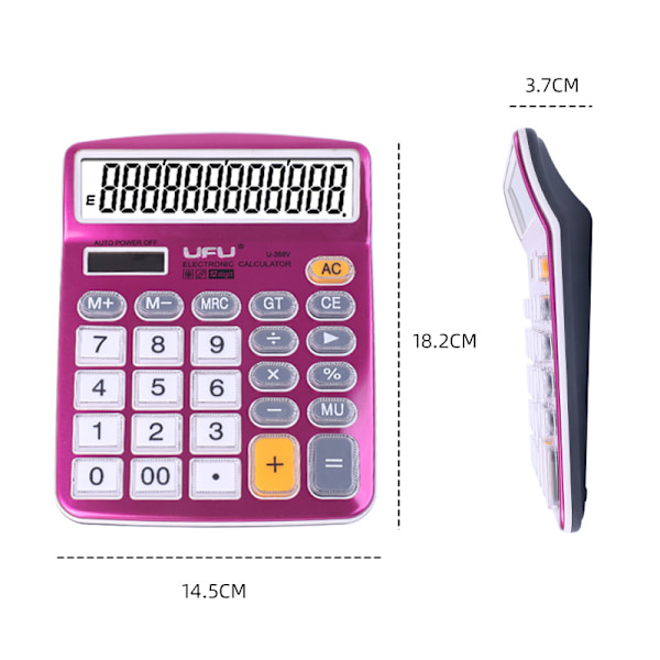 Skrivebords kalkulator 12 sifre med stor LCD-skjerm og følsomme knapper, sol- og batteridrevet, standardfunksjoner (lilla)