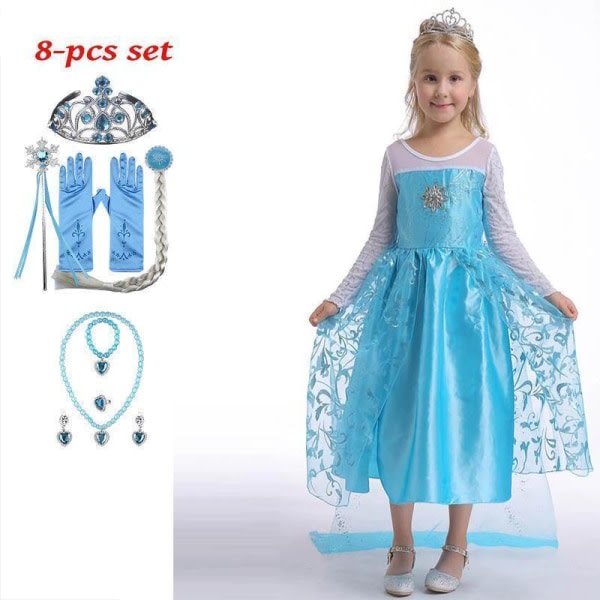 Elsa prinsessa klänning +8 extra tillbehör Ljusblå 130 cm