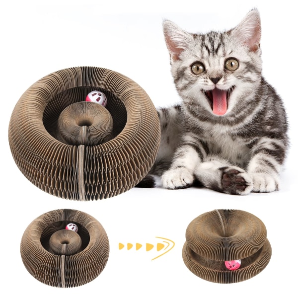 Cat Toy, Foldable Round Magic Organ Cat Scratching Board, 2-in-1 Scratching Mat, Cat Cardboard with Bell (Grey)
