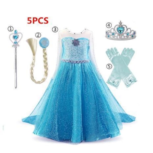 Elsa prinsessklänning + handskar/trollstav/krona/fläta Ljusblå 130 cm