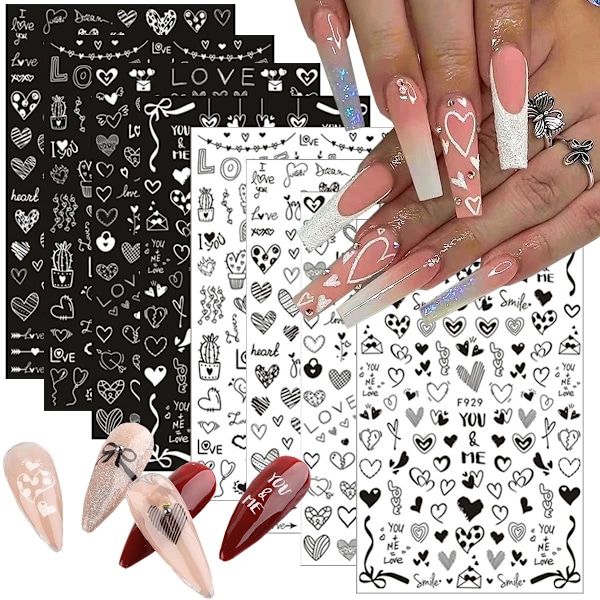 8 ark Hjerte Nail Art Klistremerker Dekaler Negleklistremerker 3D Selvklebende Nail Art Tilbehør Serie Romantisk Kjærlighet Hjerte Enkel DIY Negledekorasjon