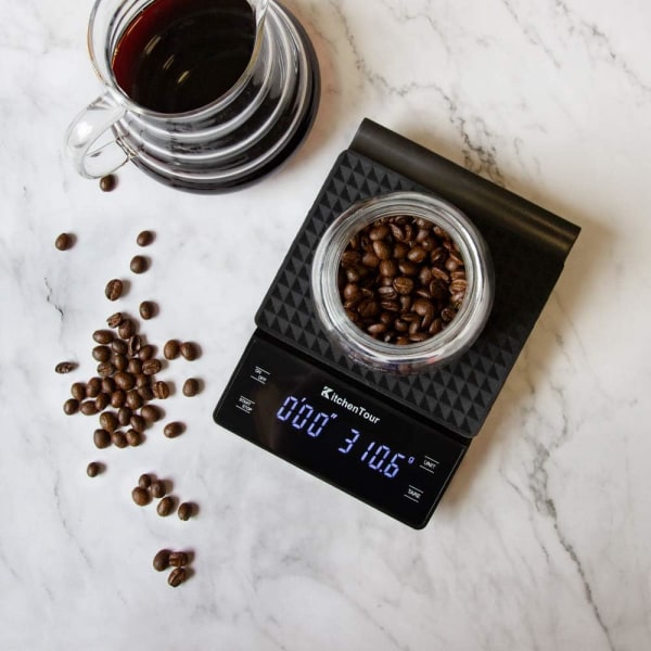 Kaffevåg med timer 3 kg/0,1 g espressovåg med hög precision häll över dropp med bakgrundsbelyst LCD-skärm (batterier ingår)