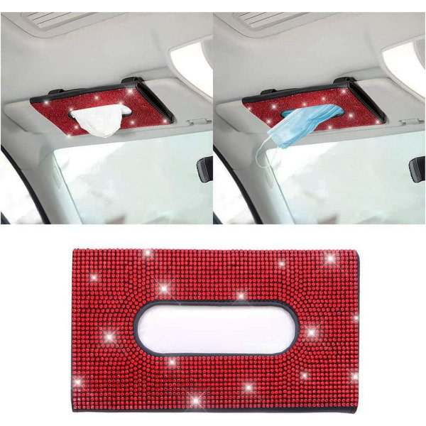Röd-1 st Kristall och glänsande PU Car Sun Shade Tissue Box Dam Glit