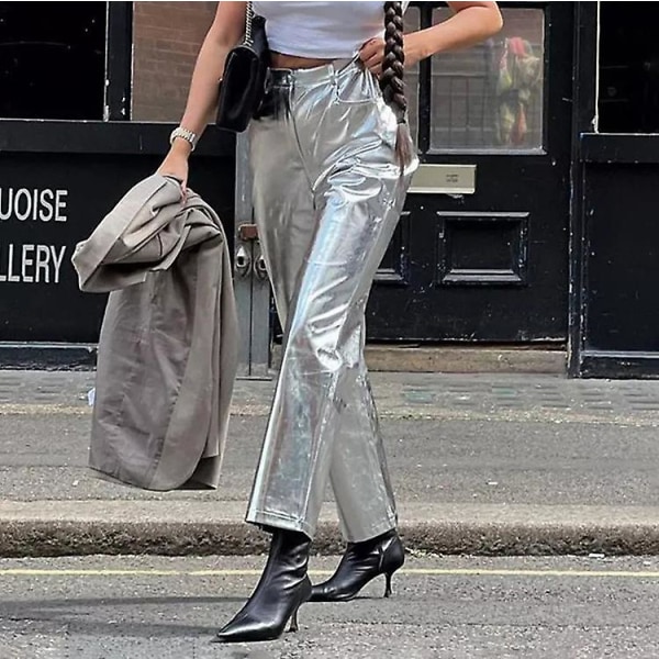 Vintage Overall Cargo Byxor Dam Höst 2022 New Street High Waist Silver PU Läderbyxor Dammode Trend Baggy Byxor S