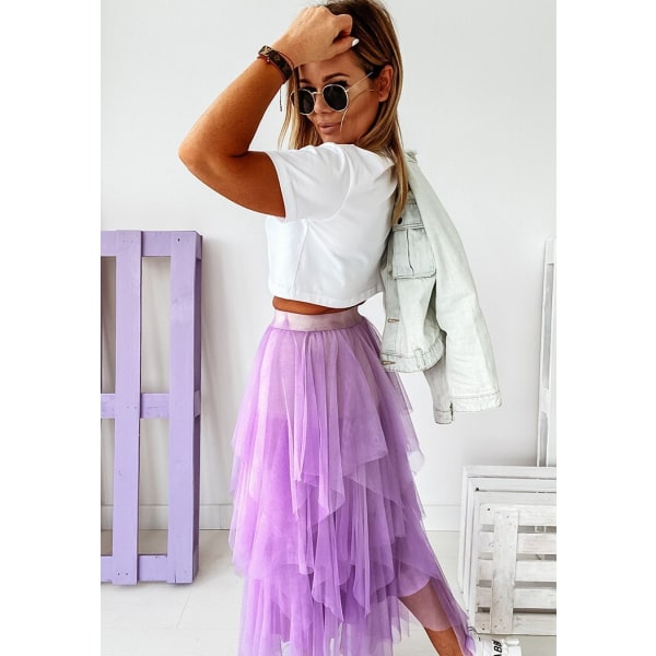Kvinnors tyllkjol med elastisk midja och mesh i lång modell purple