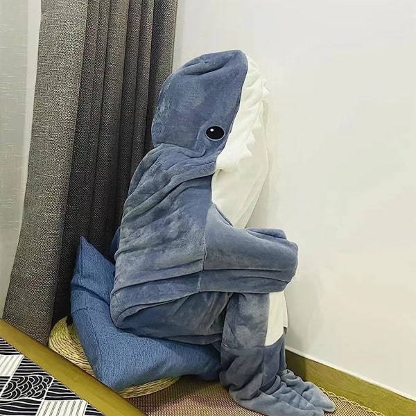 Vuxen supermjuk flanellhuvtröja Shark Sovsäck Bärbar lös pyjamas i ett stycke Blå Blå 190cm(190 * 90cm)