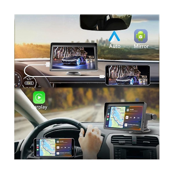 Bærbar Dash Mount Carplay Display 7 Tommer Touchscreen, GPS Navigation, Bluetooth Bilstereo Radio, Backup Kamera, FM Radio