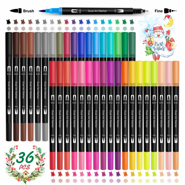 36 färger, tuschpennor, dubbla penselpennor med filtspetsar och fineliner, penselpennor, färgpennor