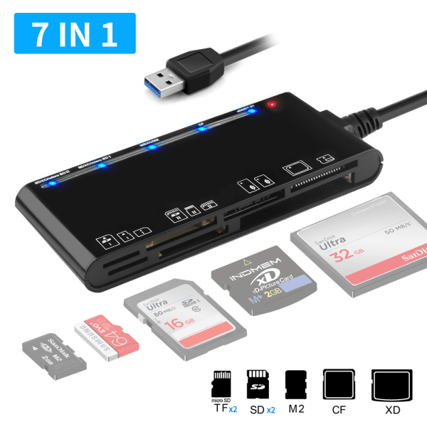 USB 3.0 kortläsare, 7 i 1 minneskortläsare, USB 3.0 höghastighets CF/XD/MS/SD/TF
