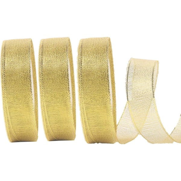 3 Rolls Gold Glitter Metallic Ribbons Glittrande tygband för C