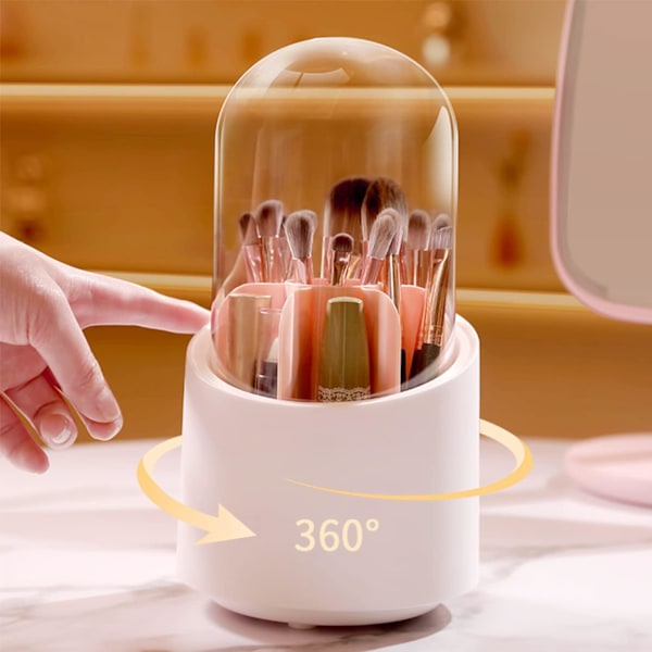 Sminkbørsteholder, Makeup Organizer, 360° roterende base med høj kapacitet Let at rengøre Makeup Organizer, Hold børsterne rene med støvtæt låg, s