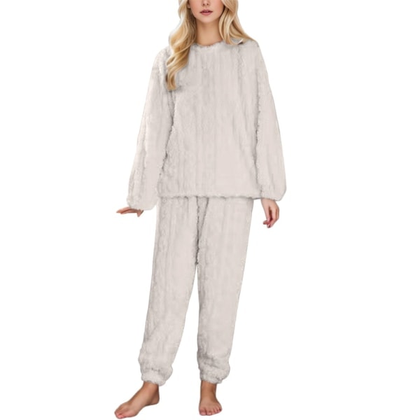 Dam Fleece Pyjamas Set Mjuk Nattkläder Kostym Nattkläder Pjs Vinter Varm Vit L