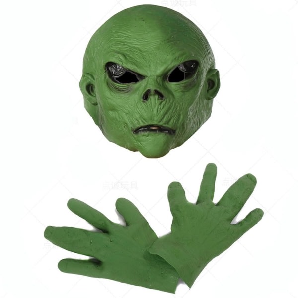 2:a Grön Alien Kostym Set 1 Par Cosplay Handskar 1 Huvudbonad