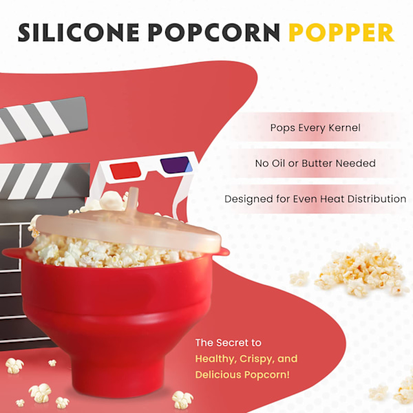 Popcornbolle Silikon Mikrobølgebolle for Popcorn - Sammenleggbar rød