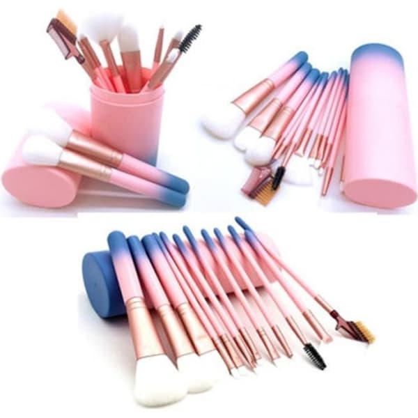 12 dele Sæt af Makeup Pensler med Rosa Gradient Plast Håndtag Nylon Hår Foundation Børste Sæt. Rosa gradient