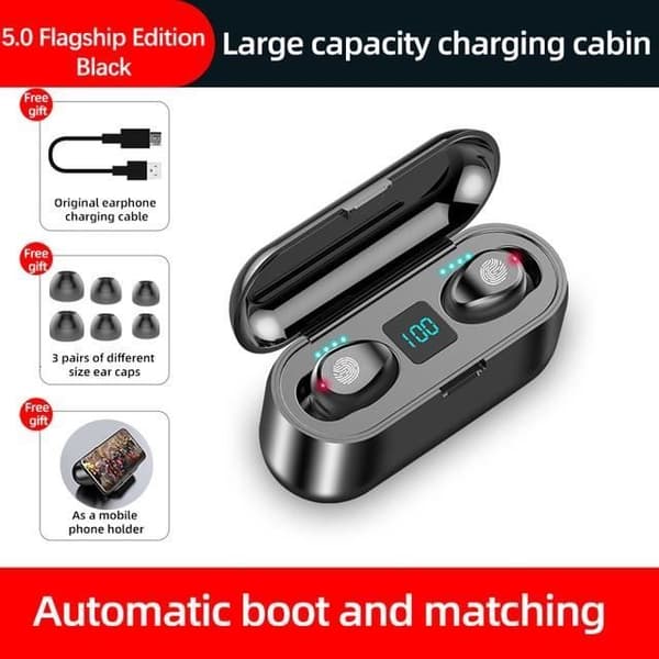 F9 Wireless Bluetooth 5.0 hörlurar - Svart - Öronsnäcka - Volymjustering
