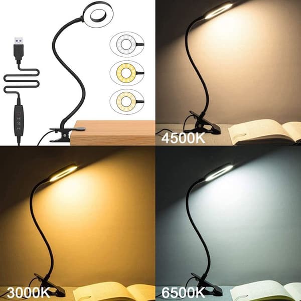 Kontorlampe - SERBASIC - Fleksibel 360° - 3 Tilstande - 10 Lysstyrker - USB Klipsbar