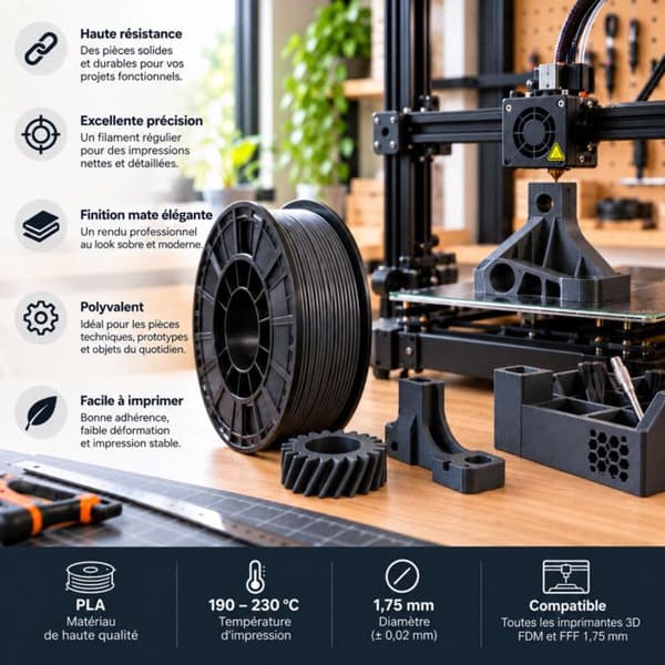 Filament PLA Grafit 1,75 mm 1 kg til 3D-printer FDM og FFF – 190 til 230 °C