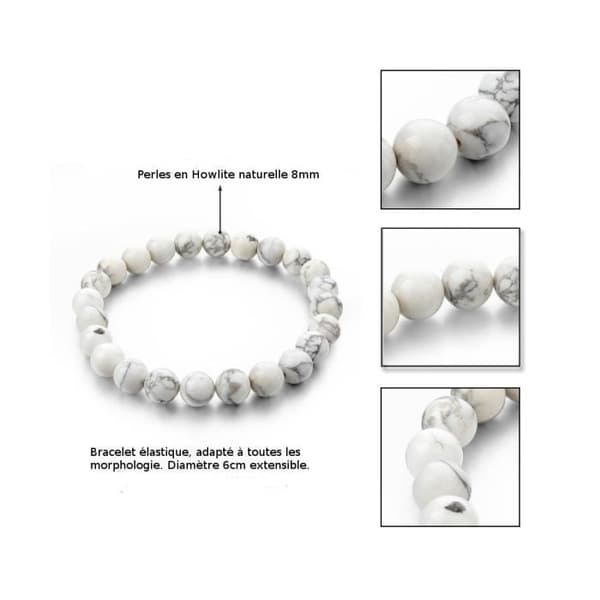 Armband - Lithoterapi - Naturlig Howlite - Elastisk - Förankring - Avkoppling Svart vit